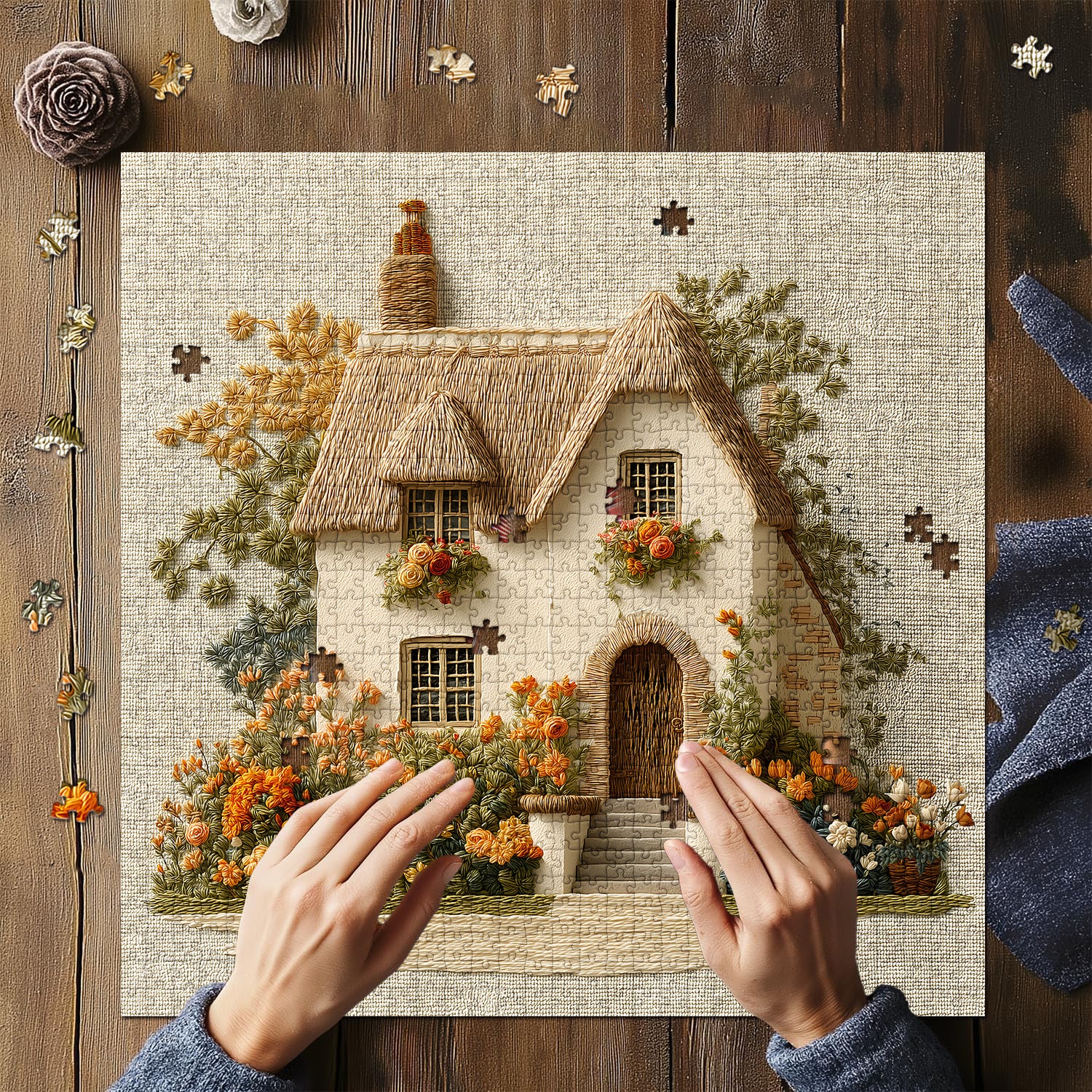 Embroidered Garden Cottage Jigsaw Puzzle 1000 Pieces