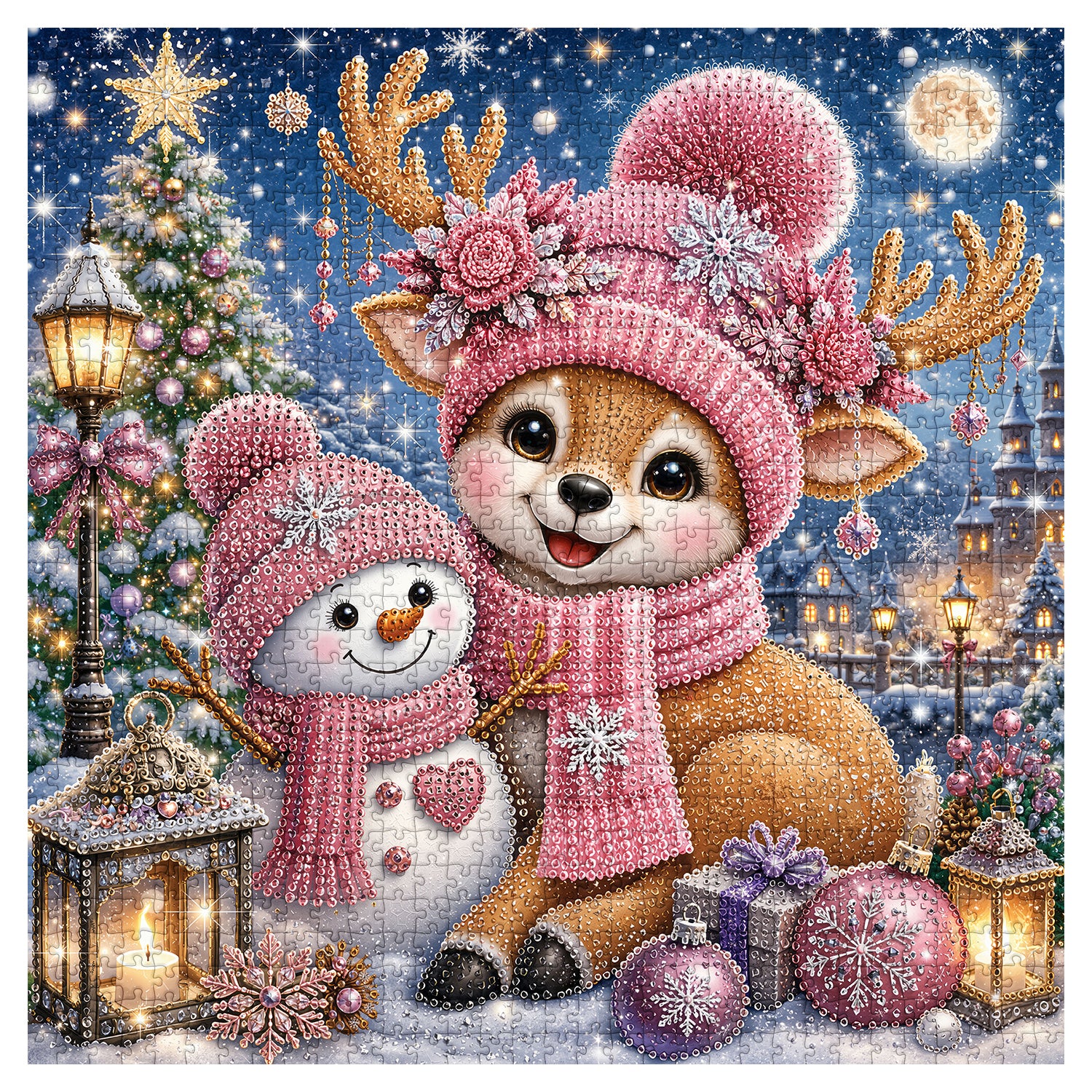 Sternenklares rosa Rentier-Puzzle, 1000 Teile