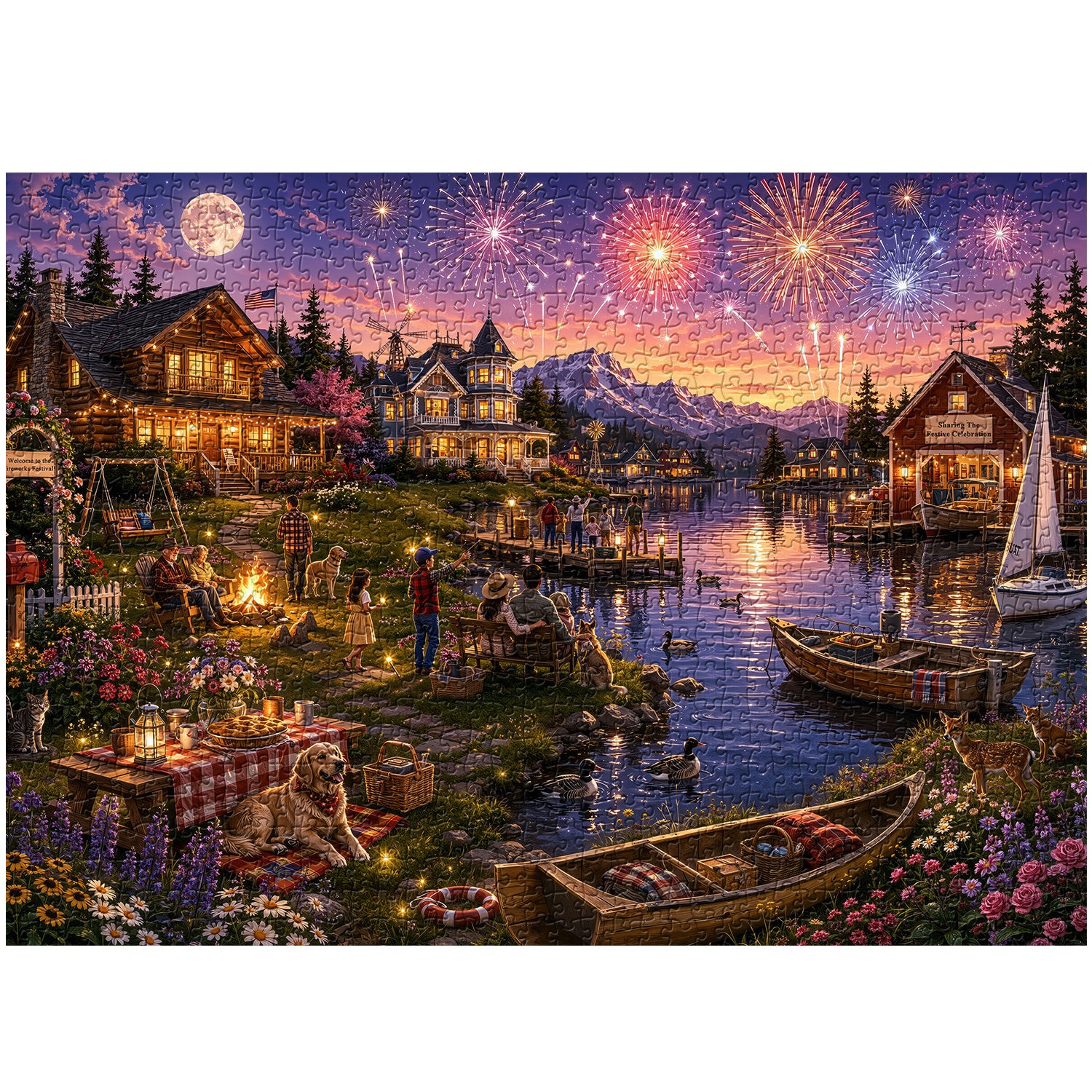 Lakeside Firework Glow Jigsaw Puzzle 1000 Pieces