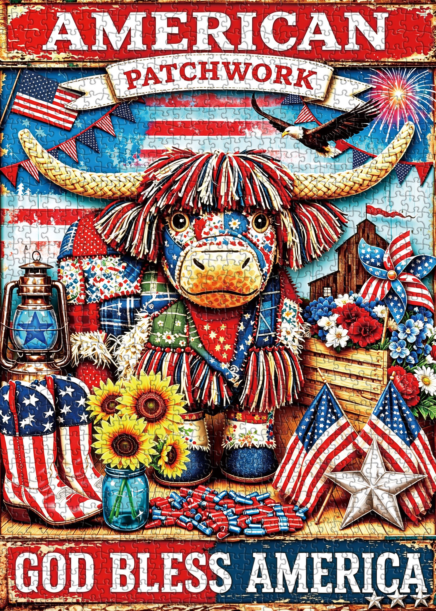 American Patchwork Bull Jigsaw Puzzle 1000 Pieces