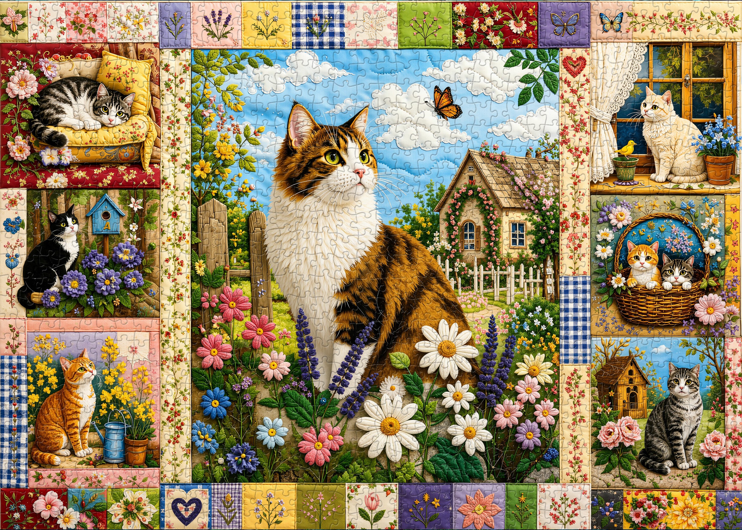 Quilted Cat Garden Jigsaw Puzzle 1000 Pieces