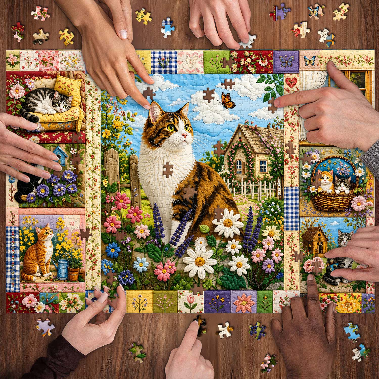 Quilted Cat Garden Jigsaw Puzzle 1000 Pieces