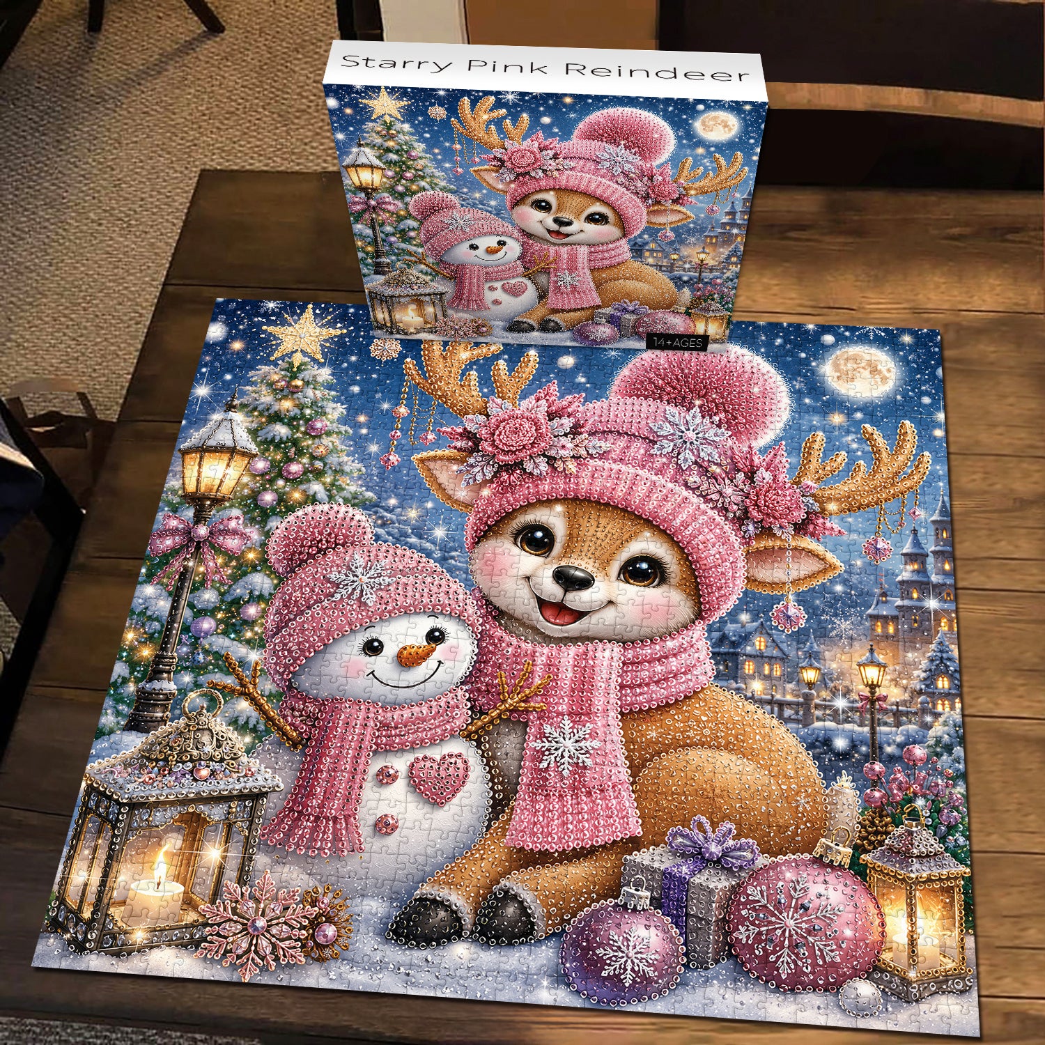 Sternenklares rosa Rentier-Puzzle, 1000 Teile