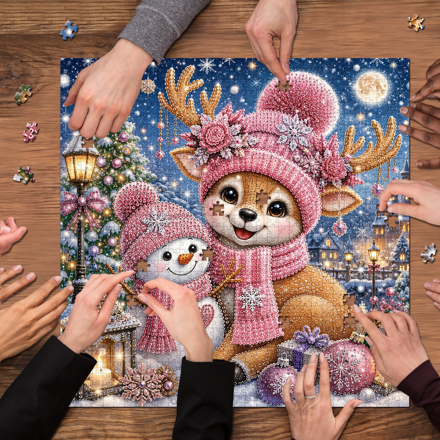 Sternenklares rosa Rentier-Puzzle, 1000 Teile